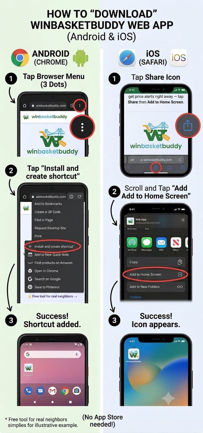Step-by-step picture guide: on Android, tap the browser menu (3 dots) then 'Install and create shortcut'; on iOS, tap the Share icon then 'Add to Home Screen'.